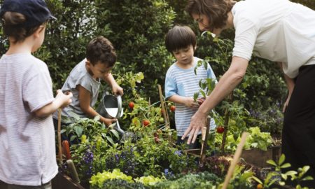 California school garden project grants: educator and young students tending to lush garden