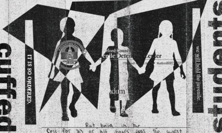 Black juvenile detention Tennessee: Black and white illustration of 3 young children holding hands walking surrounded by text quotes form story and geometric forms