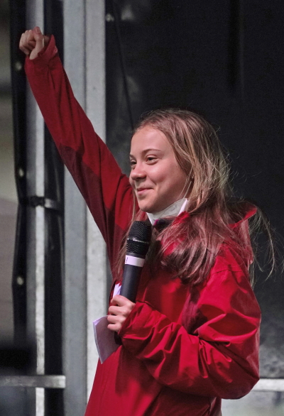 Colombian climate activist Sofía Gutiérrez on stage after a march through the streets of Glasgow, Scotland, Friday, Nov. 5, 2021 which is the host city of the COP26 U.N. Climate Summit. The protest was taking place as leaders and activists from around the world were gathering in Scotland's biggest city for the U.N. climate summit, to lay out their vision for addressing the common challenge of global warming. (AP Photo/Jon Super)