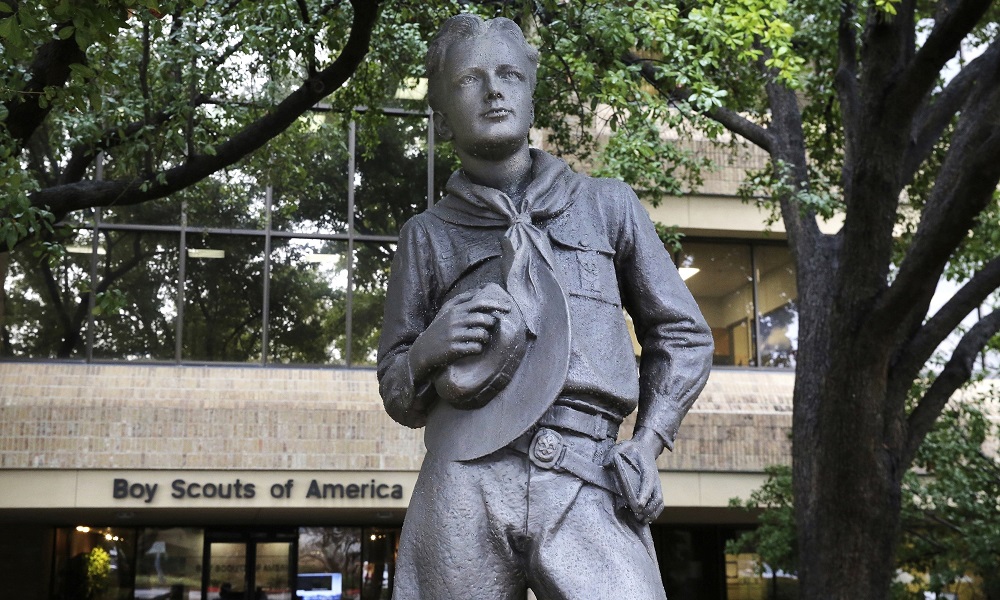 $800 million dollar Boy Scout settlement: statue of Boy Scout outside Boy Scout headquarters