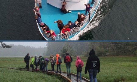 Oregon environmental education grants: kids on a boat ride and kids on boardwalk with teachers