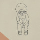 Podcast homeless disabled youth: Ink drawing on tan and range background of young child sitting alone on floor with head down and arms wrapped around knees