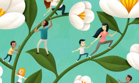 social justice education project grants: graphic of diverse children climbing flowers and being helped