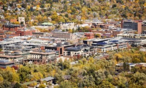 Boulder, Colorado grants: aerial view of downtown Boulder