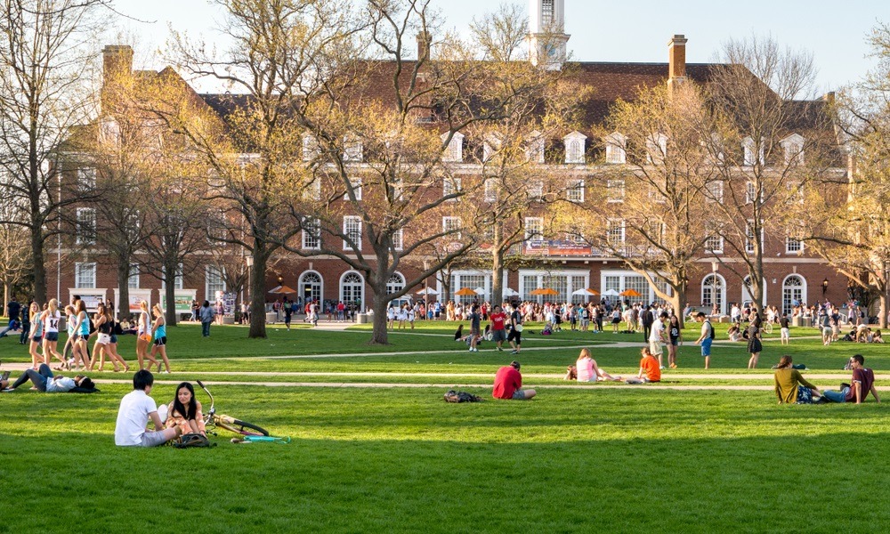 College demographic cliff, college campus: college campus green with students walking and sitting