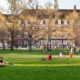 college campus sexual violence and stalking prevention grants: college campus green with students walking and sitting