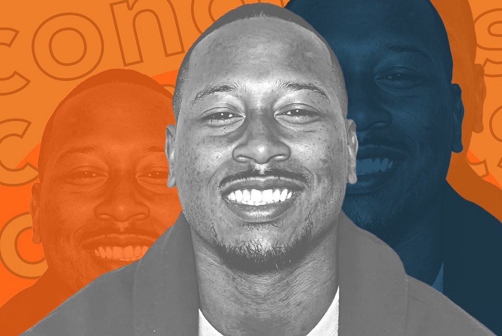 Eric Morrison-Smith named executive director: stylized orange and blue graphic with image of Black man smiling