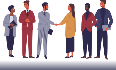 Nonprofit board development: Multi-colored illustration of several adults stnding in a line looking at each other and shaking hands.
