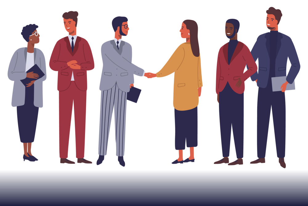Nonprofit board development: Multi-colored illustration of several adults stnding in a line looking at each other and shaking hands.
