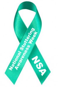 Advocacy for people who stutter: Ming green ribbon with whit text"National Stuttering Awareness Week NSWA