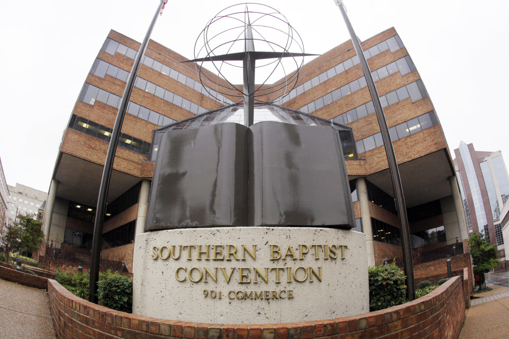 Southern Baptist sexual abuse investigative report: Red brick multi-story building with large sign saying "Southern Baptist Convention"