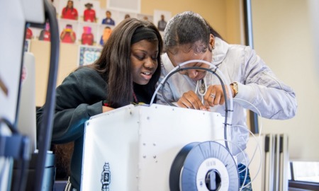 education, literacy, environment, research grants: black female teacher helps black female student on STEM project
