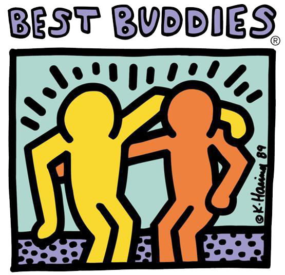 Disabled friendship program: Two hand-drawn outline cgharacters in yellow and orange with arms across each others shoulders with pale teal background