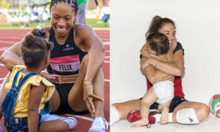 child care grants for female athletes with children: two female athletes sitting down and talking and hugging children