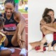 child care grants for female athletes with children: two female athletes sitting down and talking and hugging children