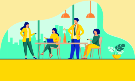 Nonprofit board meeting: Colorful illustration of 4 people meeting around a table