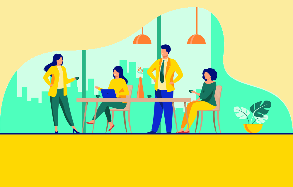 Nonprofit board meeting: Colorful illustration of 4 people meeting around a table