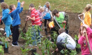 Chesapeake Bay environmental outreach and restoration environment grants: group of children planting a variety of plants using shovels