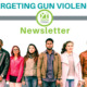 Targeting Gun Violence Newsletter text with Youth Today circle logo on lime green and 6 ethnically diverse teens/young adults standing next each other wearing winter clothes looking into camera