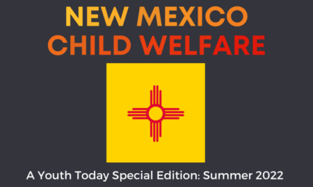 New Mexico Child Welfare text with gold square and inside square a cross mage of multiple red lines