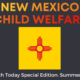 New Mexico Child Welfare text with gold square and inside square a cross mage of multiple red lines