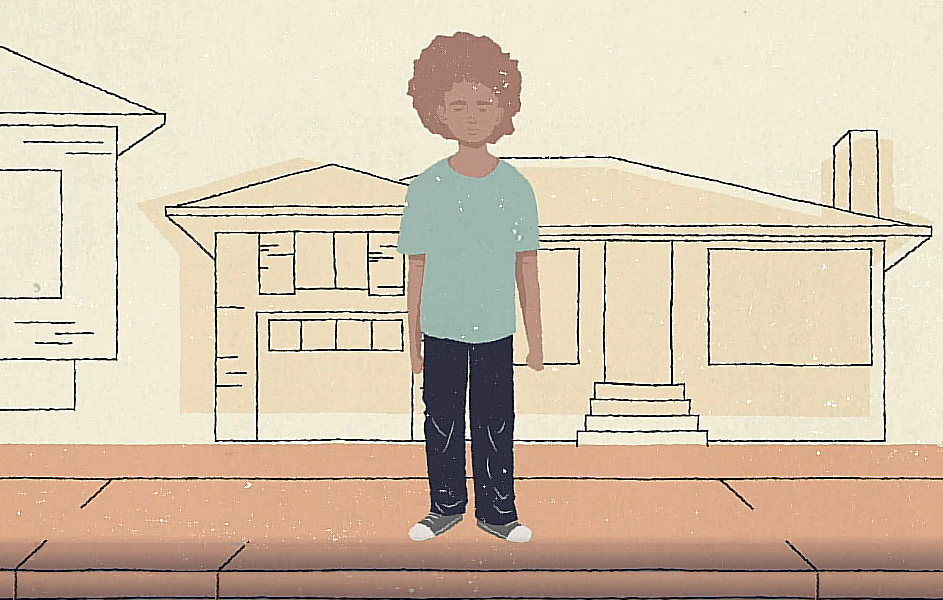 Homeless: Illustration of young adult ot teen wearing black pants, green t-shirt and sneakers with light red, short curly hair standing on sidewalk in front of a house.