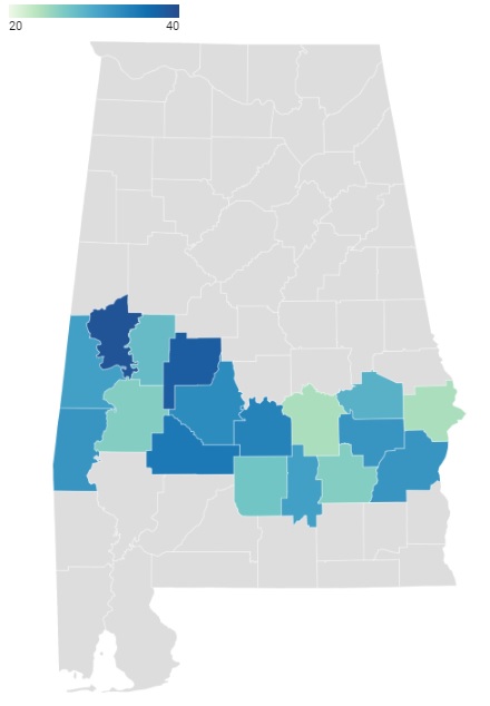 Alabama's food deserts: map of Alabama with darkest shades of blue horizontal across center
