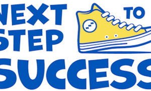Job: Next Step to Success in blue on white with yellow hi-top sneaker logo
