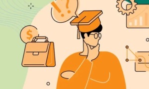 Hawaiian student youth academic and career grants: graphic of graduating student in orange thinking about future