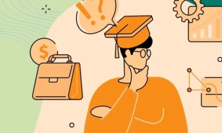 Hawaii youth academic and career grants: graphic of graduating student in orange thinking about future
