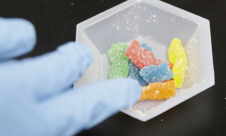 Medical marijuana overdoses: Closeup of gloved hand touching 5 brightly colored gummy bear candies