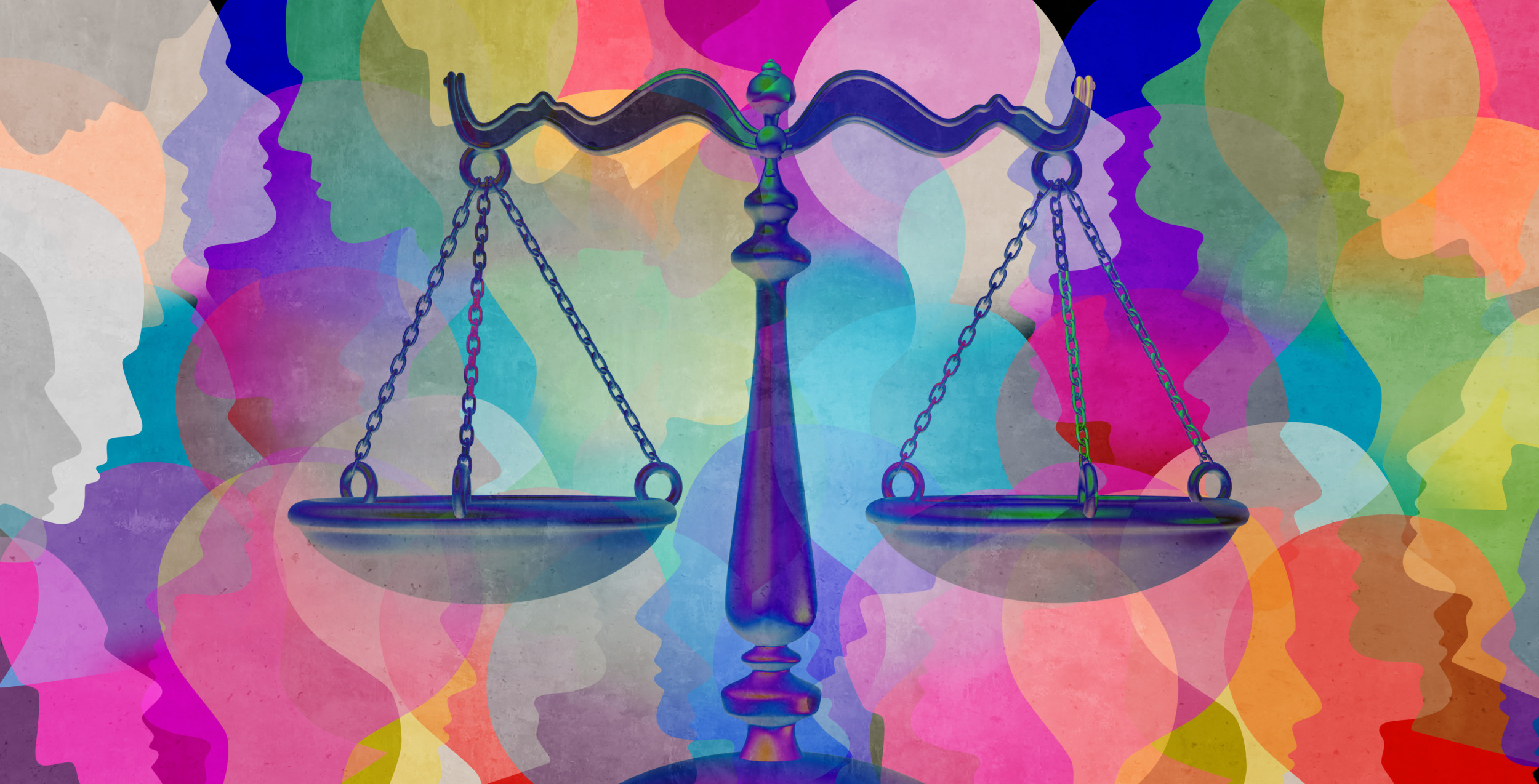 Justice: Scales of justice in front of multi-colored illustration of overlapping profiles of people.