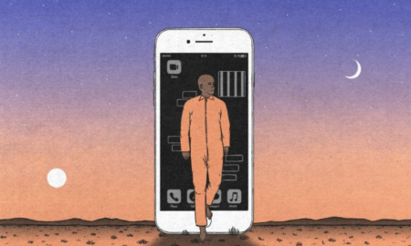 Prison College by Cell Phone: IIlustration od man in range jumpsuit walking out of cellphone the size of a doorway inti a desert landsacaoe with mountains in background at sunet with purple and orange sky