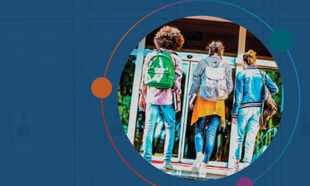 Youth risk behavior survey 2011-2021: graphic with circle photo inset with three kids with backpacks walking towards glass doors