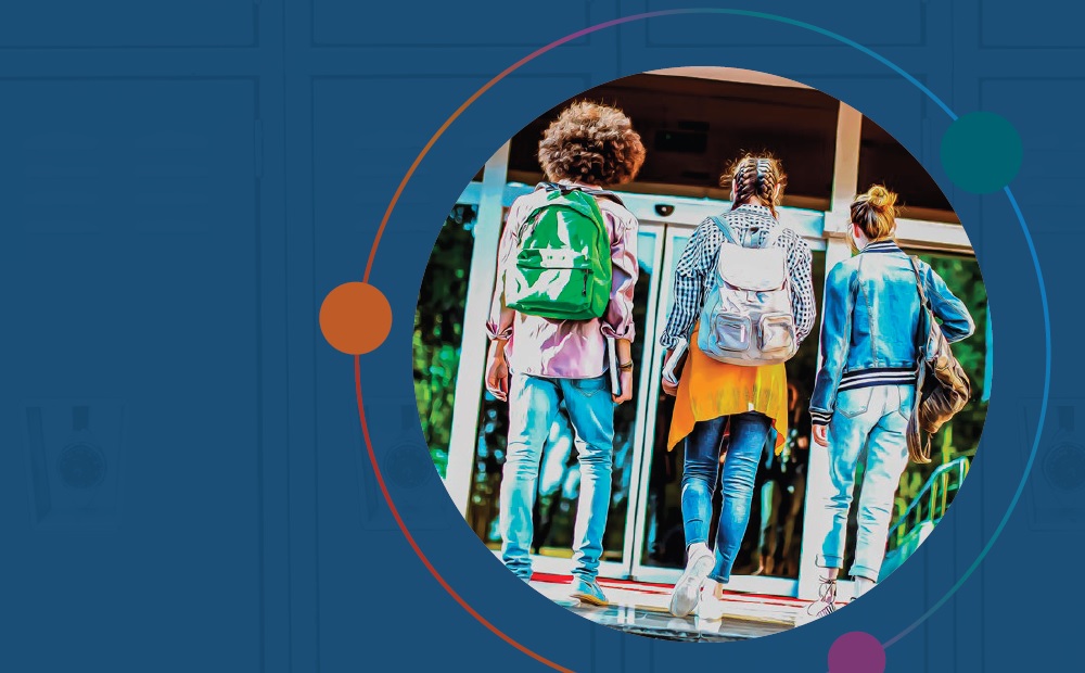 Youth risk behavior survey 2011-2021: graphic with circle photo inset with three kids with backpacks walking towards glass doors