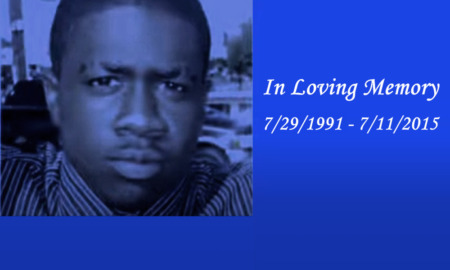 Jared's Heart: Headshot of Black, young adult with short black hair on field of medium blue and txt, "In Loving Memory, 7/29/1991 to 7/11/2015.