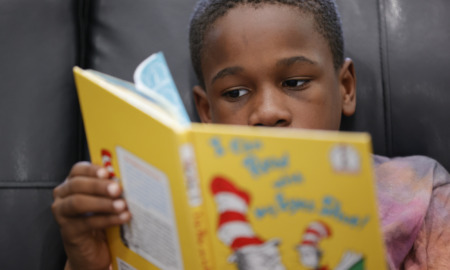 Reading: Yung Black boy reading Dr. Stess book he holds in front of his face