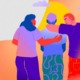 2023 national survey on the mental health of LGBTQ young people: colorful illustrative graphic of three people with arms around eachother
