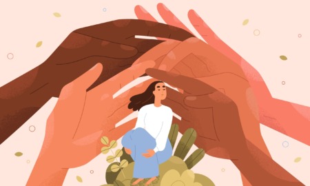 Youth Services: Illustration of large multi-colored skin-toned hands surrounding/sheltering a person sitting beneath the hands