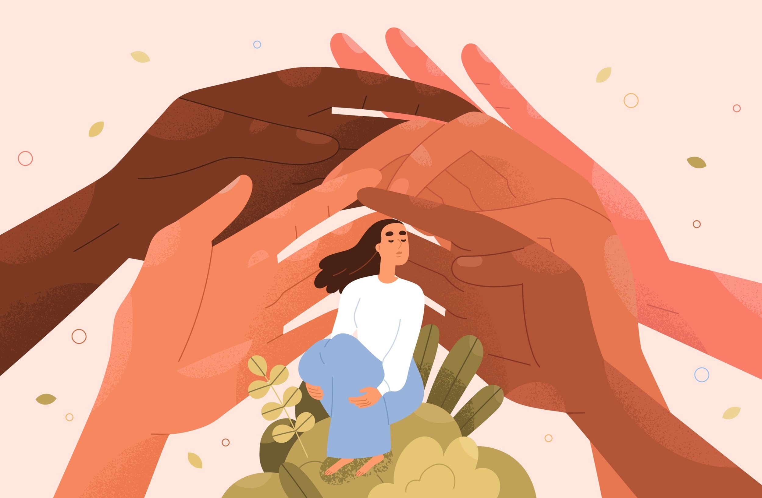 Youth Services: Illustration of large multi-colored skin-toned hands surrounding/sheltering a person sitting beneath the hands