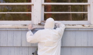 EPA proposes lower lead hazard exposure limit in daycares, homes: person in hazmat suit painting the exterior window sill of older home