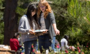 OST learning, learning ecosystem: teacher with red hair teaching young Asian girl student outdoors by pointing at flowers