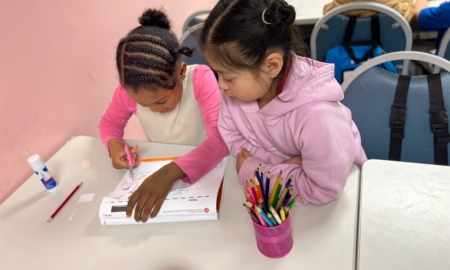 Minority and disadvantaged student education improvement grants: young black girl works with young Asian girl on school work