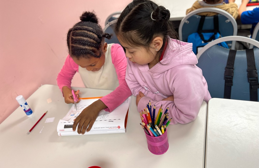 Minority and disadvantaged student education improvement grants: young black girl works with young Asian girl on school work