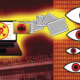 School ransomware attacks: Red, orange, yellow and black illustration with open laptop surrounded by floating documents and red eyes on binary code of ones and zeros background.
