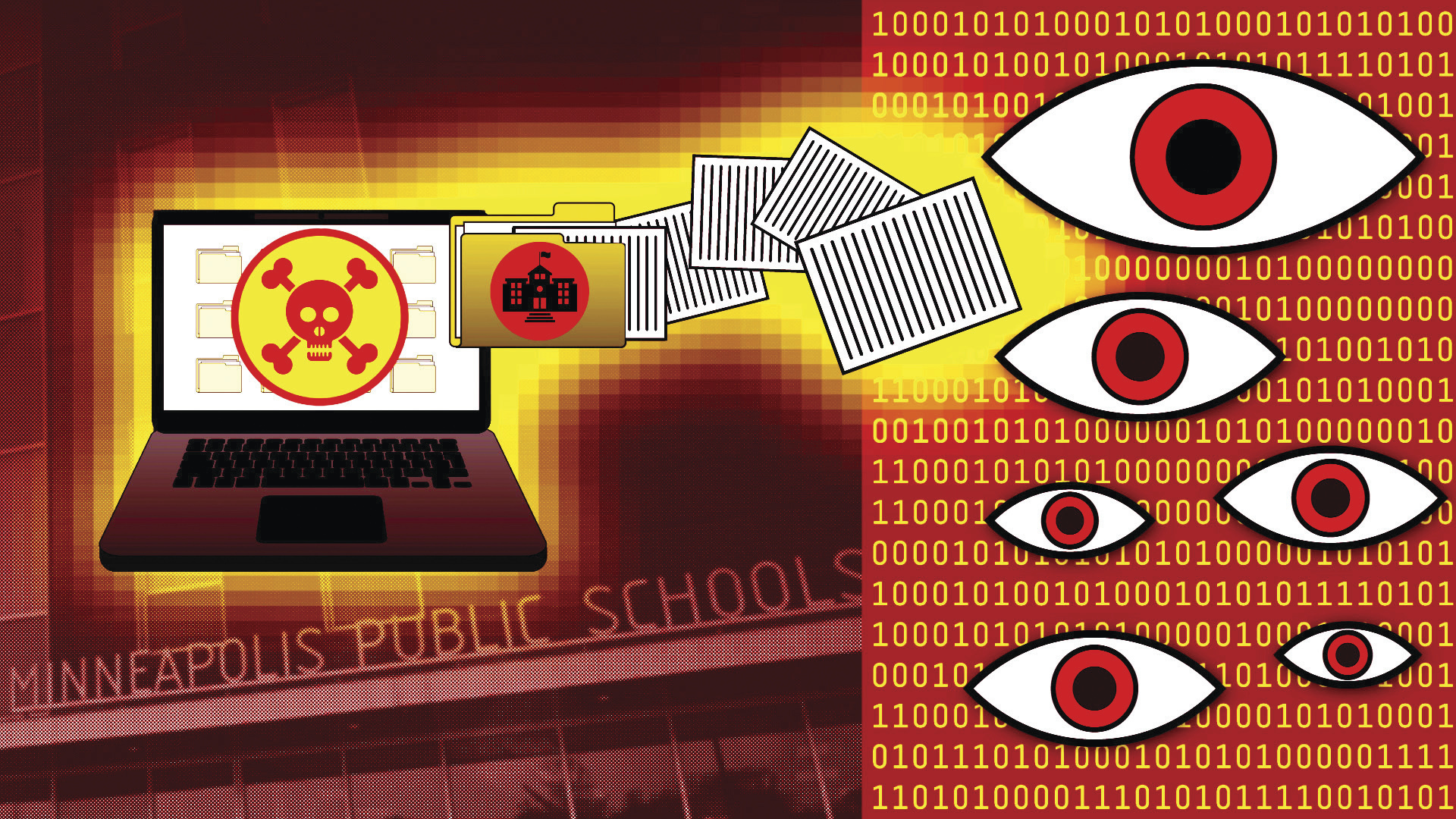 School ransomware attacks: Red, orange, yellow and black illustration with open laptop surrounded by floating documents and red eyes on binary code of ones and zeros background.