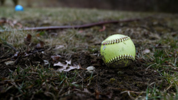 Long Covid — A yellowed softball sits on soggy grass surrounded by a few dead leaves.