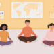 School wellness rooms: Elementary school kids doing yoga in classroom. Smiling children sitting in floor with closed eyes and crossed legs meditating.