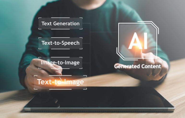 AI & education: closeup of person in dark top sitting at keyboard facing camera with overlay of text listing types of generative AI: text-to-text; text-to-image, etc.