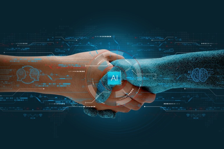 AI & education: Pale-skinned human hand shaking turquoise hand covered with circuit board pathways, both on dark blue background